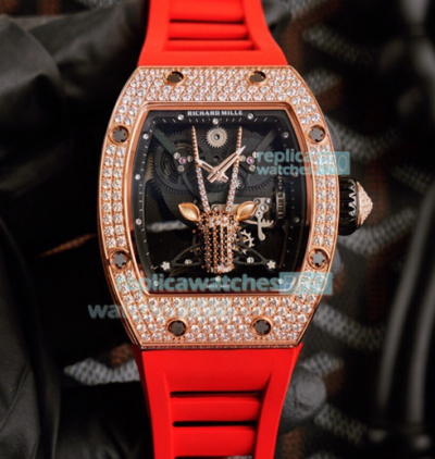 Swiss Replica Richard Mille Capricorn Gypsophila Watch Rose Gold Red Rubber Strap